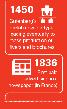 "1450: Gutenberg's metal movable type, leading eventually to mass-production of flyers and brochures." "1836: First paid advertising in a newspaper."