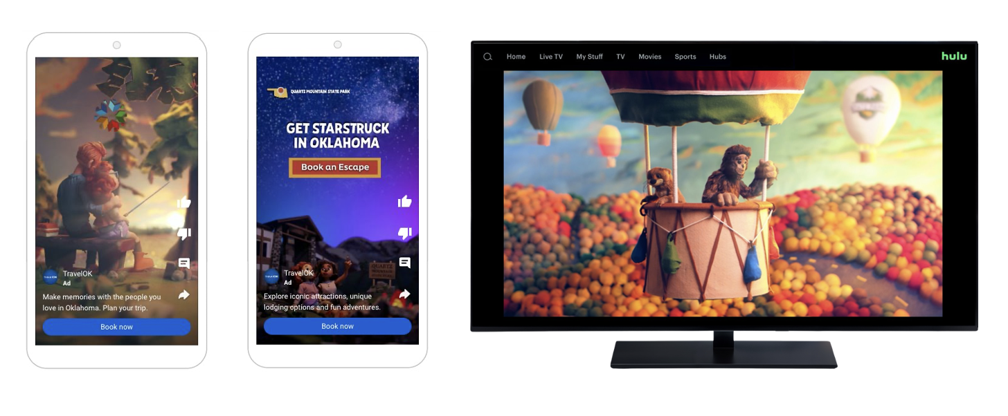 Two phones showing travelOK social posts and a TV showing a Find Yourself in OK TV spot. Two phones showing travelOK social posts and a TV showing a Find Yourself in OK TV spot.