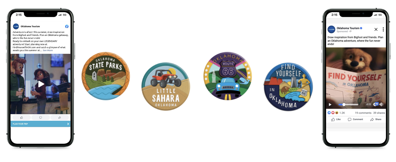 Two phones showing Oklahoma tourism social media accounts and four branded buttons. Two phones showing Oklahoma tourism social media accounts and four branded buttons.